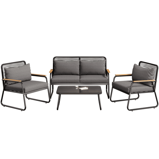 Conjunto de lounge de jardim para 4 pessoas - Estrutura metálica, mesa de vidro temperado, almofadas incluídas - Preto