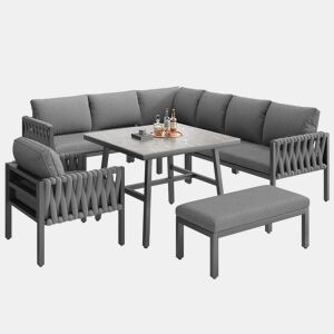 Conjunto de móveis de jardim - Sofá de canto, estrutura em ferro galvanizado, mesa em vidro temperado, cinza