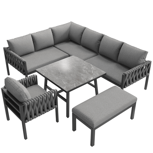 Conjunto de móveis de jardim - Sofá de canto, estrutura em ferro galvanizado, mesa em vidro temperado, cinza