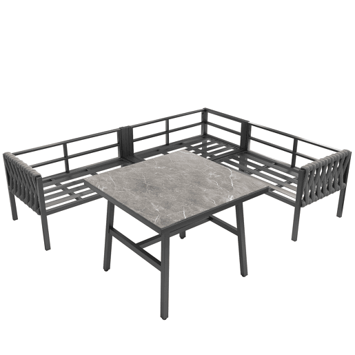 Conjunto de móveis de jardim - Sofá de canto, estrutura em ferro galvanizado, mesa em vidro temperado, cinza