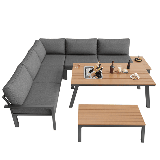 Conjunto de lounge de jardim para 6-7 pessoas - Móveis modernos, estrutura de ferro, mesa com cuba de gelo - Cinza