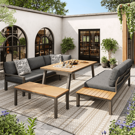 Conjunto de lounge de jardim para 6-7 pessoas - Móveis modernos, estrutura de ferro, mesa com cuba de gelo - Cinza