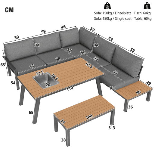 Conjunto de lounge de jardim para 6-7 pessoas - Móveis modernos, estrutura de ferro, mesa com cuba de gelo - Cinza