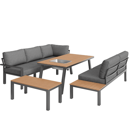 Conjunto de lounge de jardim para 6-7 pessoas - Móveis modernos, estrutura de ferro, mesa com cuba de gelo - Cinza