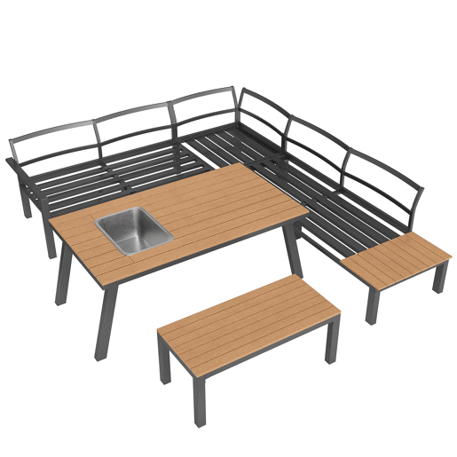 Conjunto de lounge de jardim para 6-7 pessoas - Móveis modernos, estrutura de ferro, mesa com cuba de gelo - Cinza