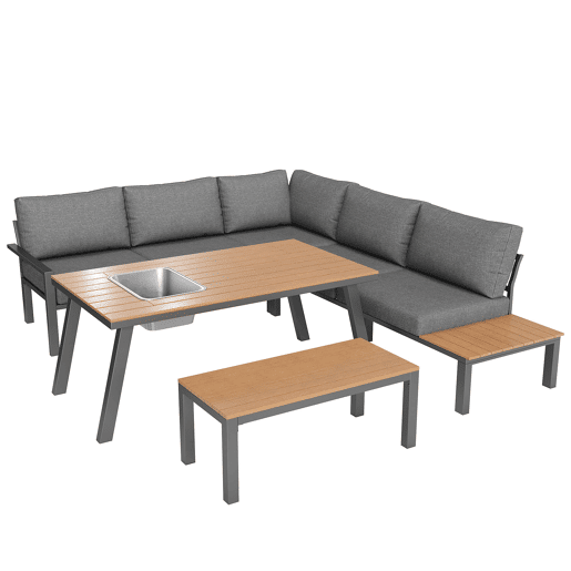 Conjunto de lounge de jardim para 6-7 pessoas - Móveis modernos, estrutura de ferro, mesa com cuba de gelo - Cinza