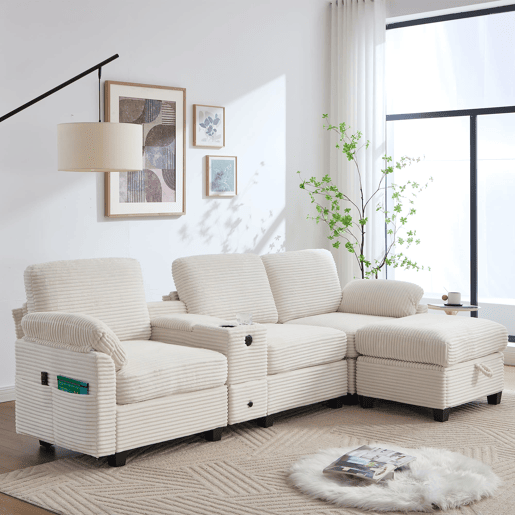 Sofá Cord 3 lugares - Espuma confortável, consola removível, USB-C, arrumação - Bege