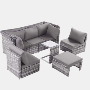 Conjunto de lounge de jardim - Mobiliário exterior - Com sofá com toldo, pufes, poltronas e mesa - Cinza