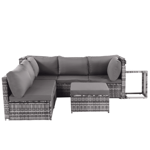 Conjunto de lounge de jardim - Mobiliário exterior - Com sofá com toldo, pufes, poltronas e mesa - Cinza