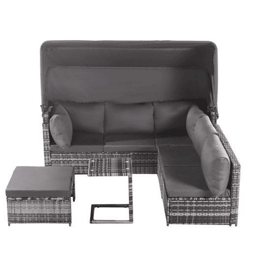 Conjunto de lounge de jardim - Mobiliário exterior - Com sofá com toldo, pufes, poltronas e mesa - Cinza