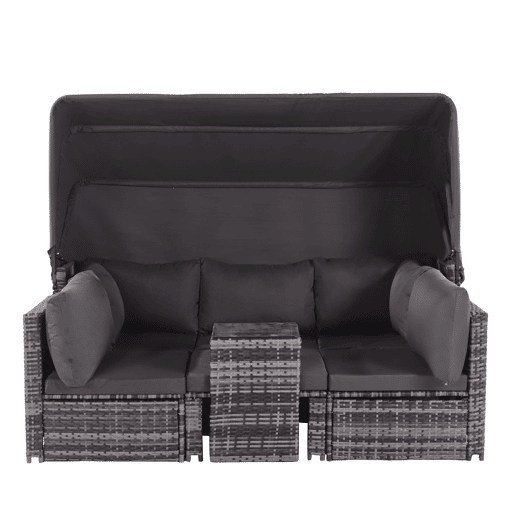 Conjunto de lounge de jardim - Mobiliário exterior - Com sofá com toldo, pufes, poltronas e mesa - Cinza