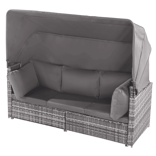 Conjunto de lounge de jardim - Mobiliário exterior - Com sofá com toldo, pufes, poltronas e mesa - Cinza