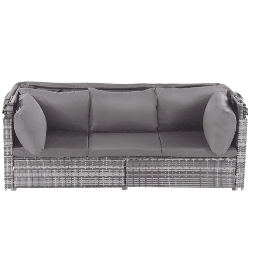 Conjunto de lounge de jardim - Mobiliário exterior - Com sofá com toldo, pufes, poltronas e mesa - Cinza