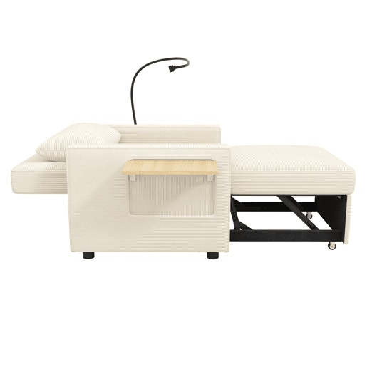 Sofá-cama multifuncional de 1 lugar - com porta USB, suporte para telemóvel, tecido de veludo cotelê, bege