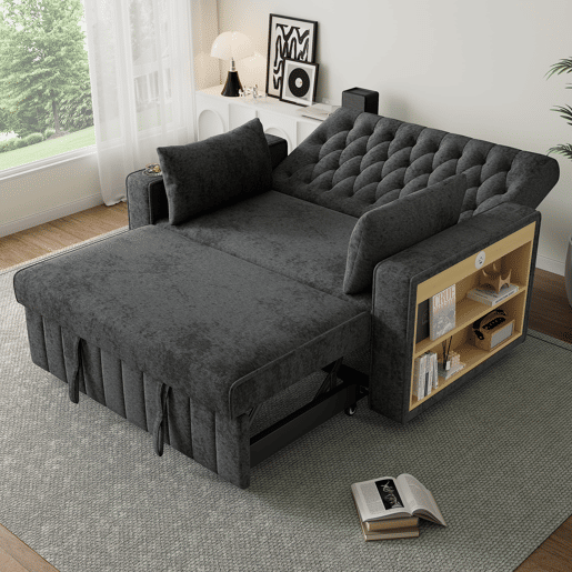 Sofá-cama multifuncional de 3 lugares - com arrumação, função cama, porta-copos, USB e almofadas - Cinza