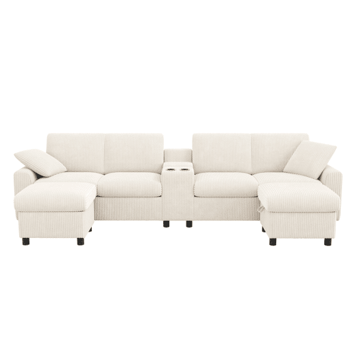 Sofá em forma de U 315x81x135 cm - 2 pufes com arrumação, mesa, 2 porta-copos, USB, tomadas - Bege