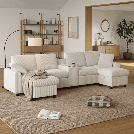 Sofá em forma de U 315x81x135 cm - 2 pufes com arrumação, mesa, 2 porta-copos, USB, tomadas - Bege