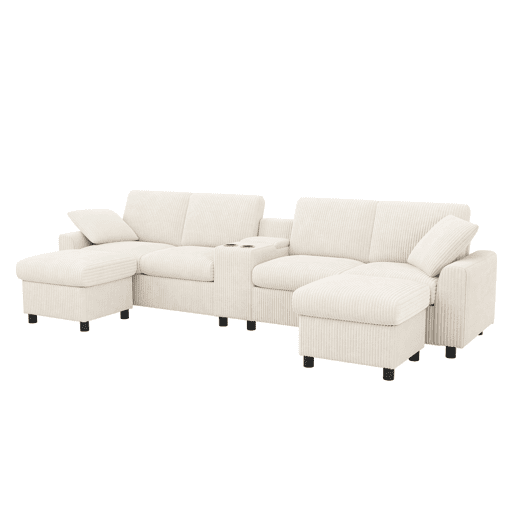 Sofá em forma de U 315x81x135 cm - 2 pufes com arrumação, mesa, 2 porta-copos, USB, tomadas - Bege