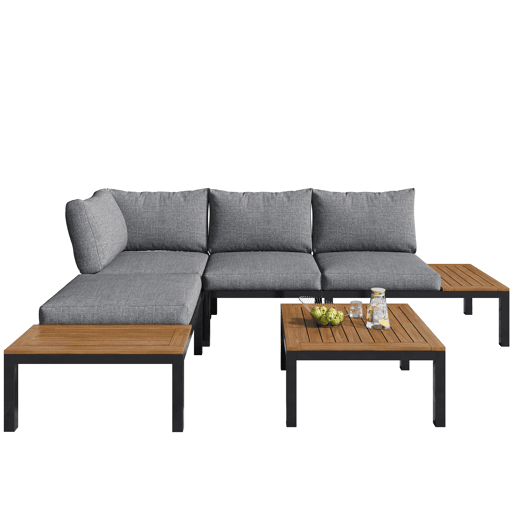 Conjunto de jardim (2 sofás de 2 lugares, 2 mesas auxiliares, 1 mesa) - Tampo em acácia maciça, capa de tecido para encosto - Cinza