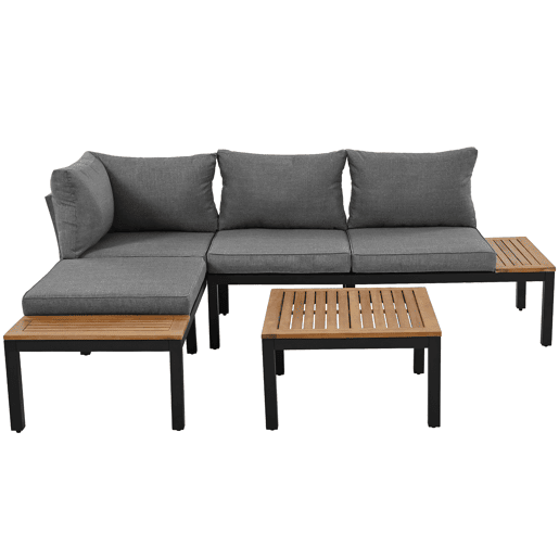 Conjunto de jardim (2 sofás de 2 lugares, 2 mesas auxiliares, 1 mesa) - Tampo em acácia maciça, capa de tecido para encosto - Cinza