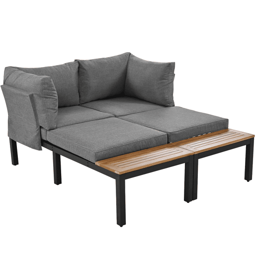 Conjunto de jardim (2 sofás de 2 lugares, 2 mesas auxiliares, 1 mesa) - Tampo em acácia maciça, capa de tecido para encosto - Cinza