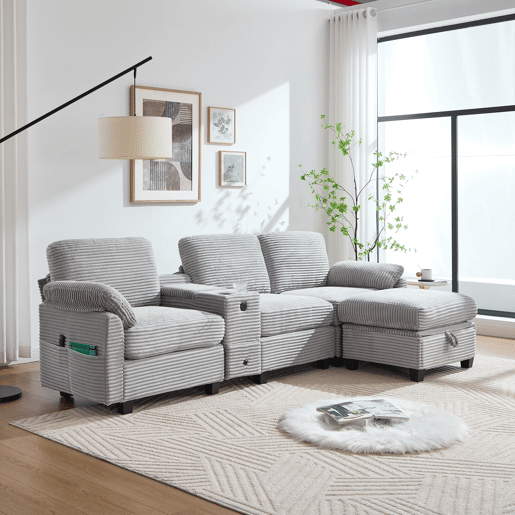 Sofá Cord 3 lugares - Conforto em espuma, consola central removível, USB-C, arrumação - Cinza claro