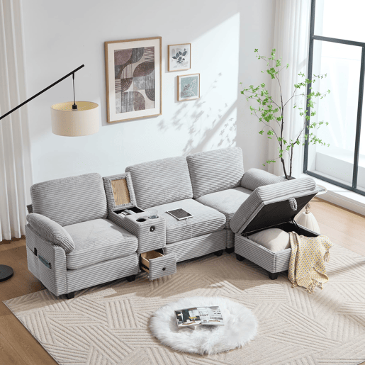Sofá Cord 3 lugares - Conforto em espuma, consola central removível, USB-C, arrumação - Cinza claro