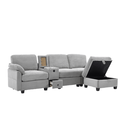 Sofá Cord 3 lugares - Conforto em espuma, consola central removível, USB-C, arrumação - Cinza claro