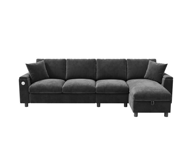 Sofá chenille l-forma 281x86x71 cm - con mesa extensible, usb, 2 portavasos - gris