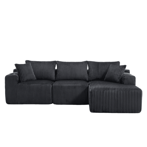 Sofá modular de 3 lugares - Chaise longue, 5 almofadas, bolsos laterais, porta-copos - Cinza