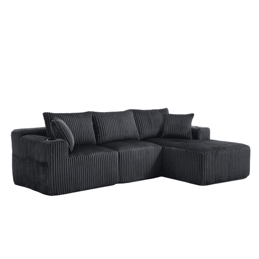 Sofá modular de 3 lugares - Chaise longue, 5 almofadas, bolsos laterais, porta-copos - Cinza