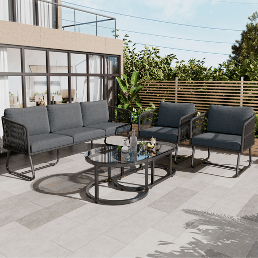 Conjunto de jardim Lounge 5 peças - Estrutura em ferro galvanizado, móveis de jardim em corda, pés ajustáveis, mesa em vidro liso - Cinza