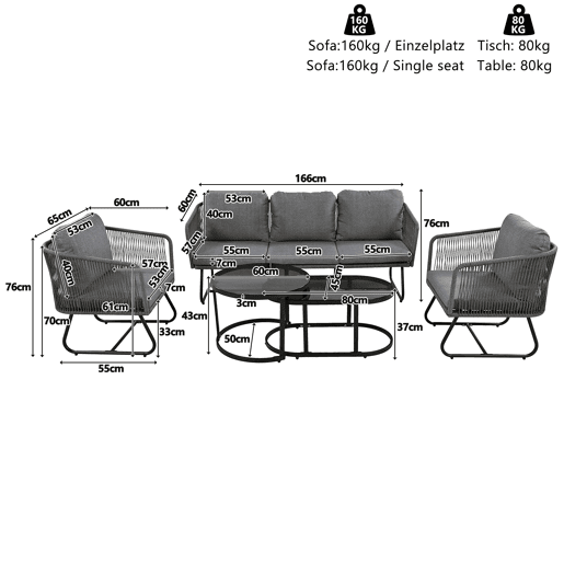 Conjunto de jardim Lounge 5 peças - Estrutura em ferro galvanizado, móveis de jardim em corda, pés ajustáveis, mesa em vidro liso - Cinza
