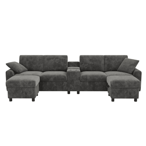 Sofá em forma de U 315x81x135 cm - 2 pufes com arrumação, mesa, 2 porta-copos, 1 USB, 2 tomadas, 2 Type-C - Cinza