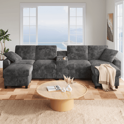 Sofá em forma de U 315x81x135 cm - 2 pufes com arrumação, mesa, 2 porta-copos, 1 USB, 2 tomadas, 2 Type-C - Cinza