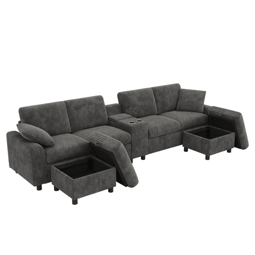 Sofá em forma de U 315x81x135 cm - 2 pufes com arrumação, mesa, 2 porta-copos, 1 USB, 2 tomadas, 2 Type-C - Cinza