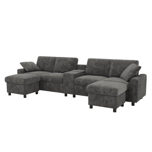 Sofá em forma de U 315x81x135 cm - 2 pufes com arrumação, mesa, 2 porta-copos, 1 USB, 2 tomadas, 2 Type-C - Cinza