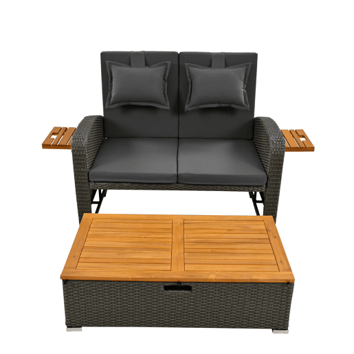 Conjunto de cadeiras de jardim para 2 pessoas - Encosto ajustável, apoio para os pés, com otomano ou como cama exterior - Rattan cinzento
