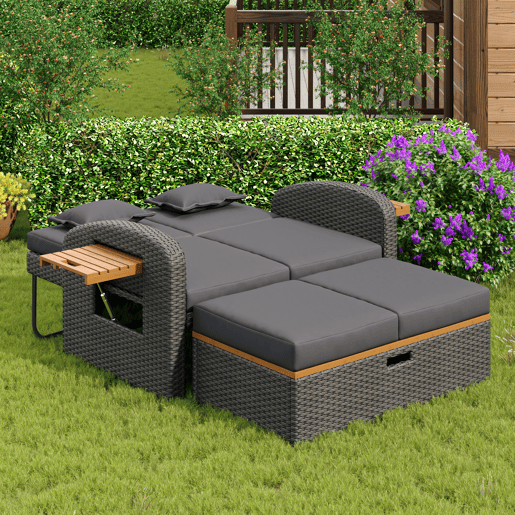 Conjunto de cadeiras de jardim para 2 pessoas - Encosto ajustável, apoio para os pés, com otomano ou como cama exterior - Rattan cinzento