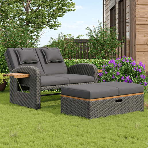 Conjunto de cadeiras de jardim para 2 pessoas - Encosto ajustável, apoio para os pés, com otomano ou como cama exterior - Rattan cinzento