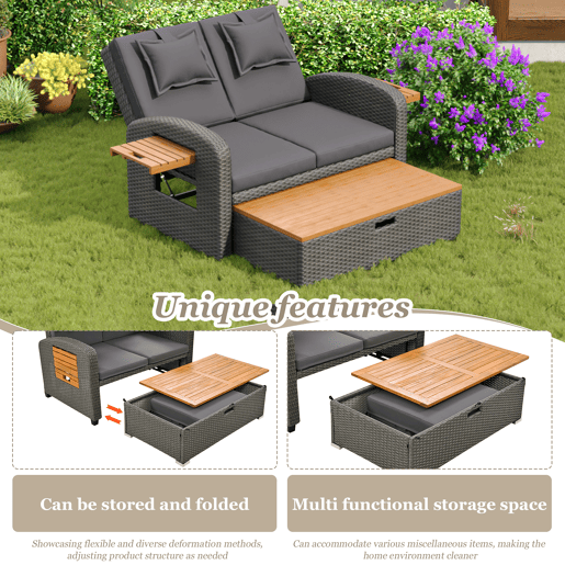 Conjunto de cadeiras de jardim para 2 pessoas - Encosto ajustável, apoio para os pés, com otomano ou como cama exterior - Rattan cinzento