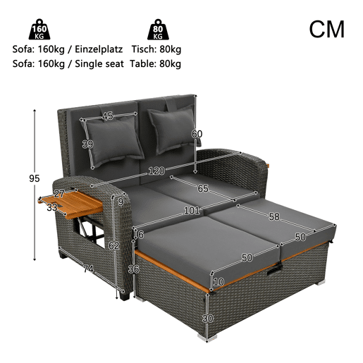 Conjunto de cadeiras de jardim para 2 pessoas - Encosto ajustável, apoio para os pés, com otomano ou como cama exterior - Rattan cinzento