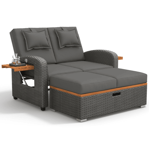 Conjunto de cadeiras de jardim para 2 pessoas - Encosto ajustável, apoio para os pés, com otomano ou como cama exterior - Rattan cinzento