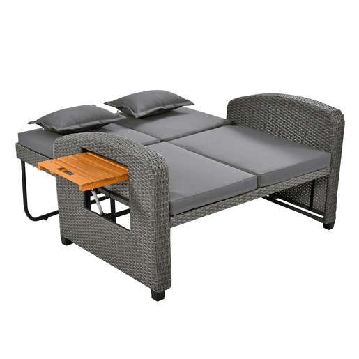 Conjunto de cadeiras de jardim para 2 pessoas - Encosto ajustável, apoio para os pés, com otomano ou como cama exterior - Rattan cinzento