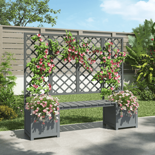 Floreira com treliça - Grande - Cinza, madeira maciça, com assento para jardim ou terraço