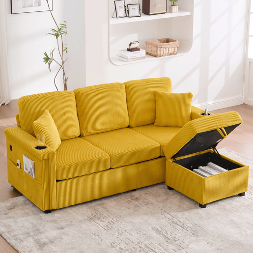 Sofá de veludo para 4 pessoas - com iluminação LED, porta USB-C, arrumação e porta-copos - Amarelo mostarda