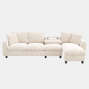 Sofá chenille 281x86x71 cm - Esquina L, 2 apoios de braços com arrumação, mesa extensível, 1 USB, 1 Tipo-C, Bege