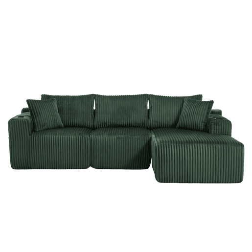 Sofá modular de 3 lugares com chaise longue - Tecido veludo cotelê macio, 5 almofadas, bolsos laterais, suporte para bebidas - Esmeralda