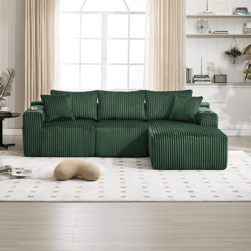 Sofá modular de 3 lugares com chaise longue - Tecido veludo cotelê macio, 5 almofadas, bolsos laterais, suporte para bebidas - Esmeralda