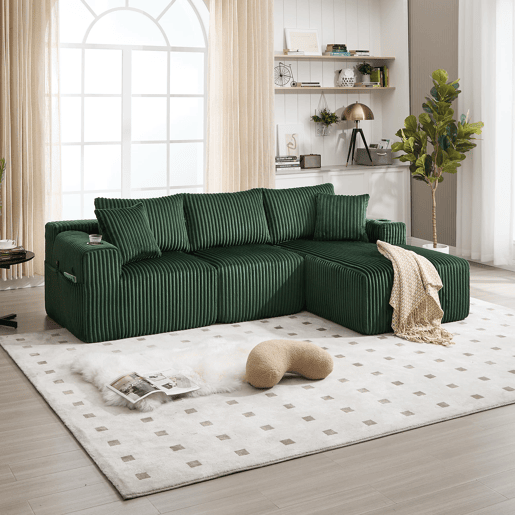 Sofá modular de 3 lugares com chaise longue - Tecido veludo cotelê macio, 5 almofadas, bolsos laterais, suporte para bebidas - Esmeralda
